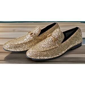 Bravo! Men's Prom-2 Dress Shoes Loafers Gold Glitter Wedding Formal Party 12M